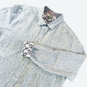 Ted Baker Flip Cuff Button Up Shirt Men Size 6 XXL White Blue Leaf Linen Cotton